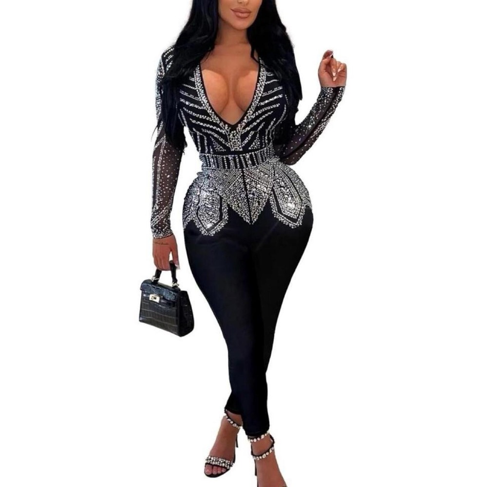 Women's Deep V Sparkly Rhinestone Patchwork Long Sleeve Jumpsuit